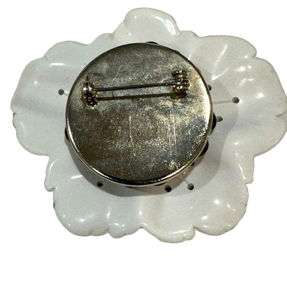 Large Vintage Black and White Resin and Bead Floral Brooch. EUC